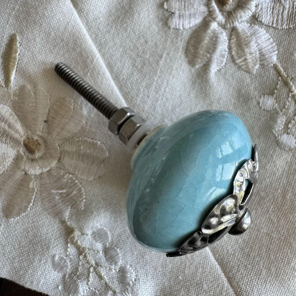 World Market Drawer Round Knob Blue Dresser Pull Cabinet Handle Ceramic Heavy